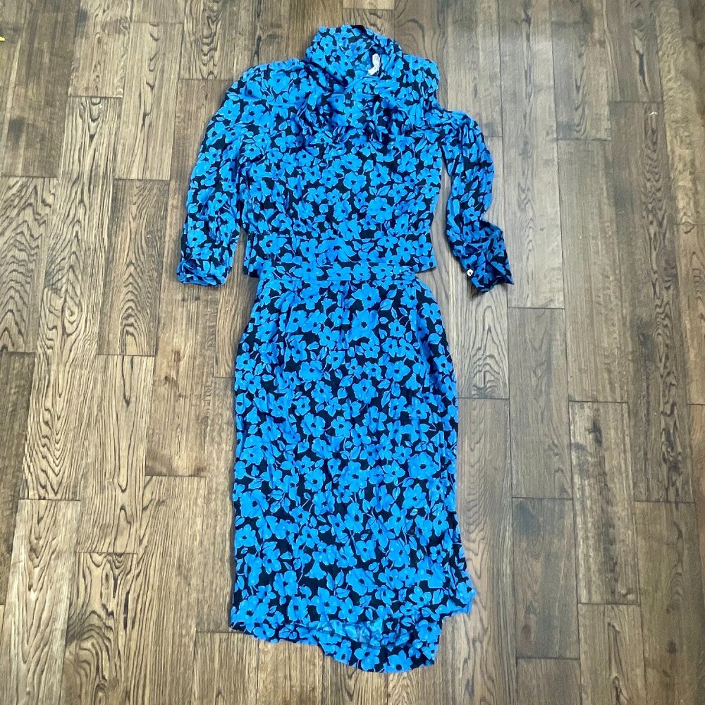 Albert Nipon Boutique Vintage Electric Blue Floral Silk Two-Piece Dress Size 12